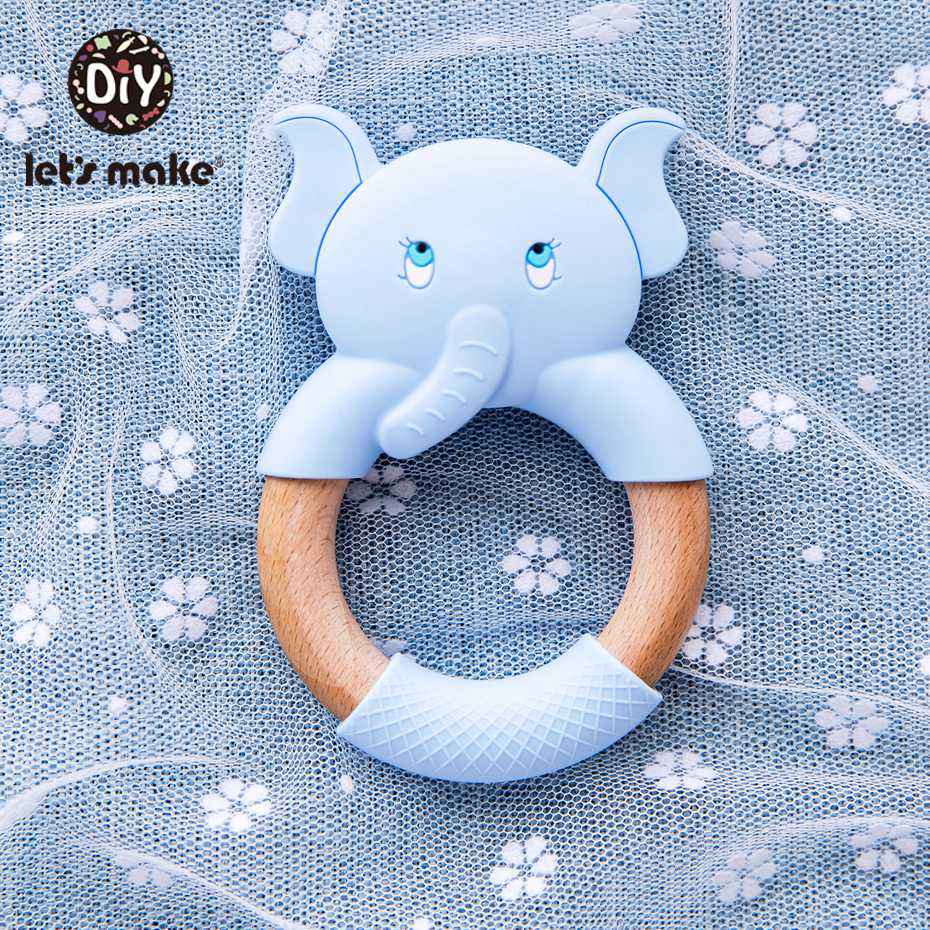 Let's Make 1pc Baby Silicone Teether Cartoon Elephant Teething Toy Beech Wood Ring Infant Comfort Toys Baby Teether
