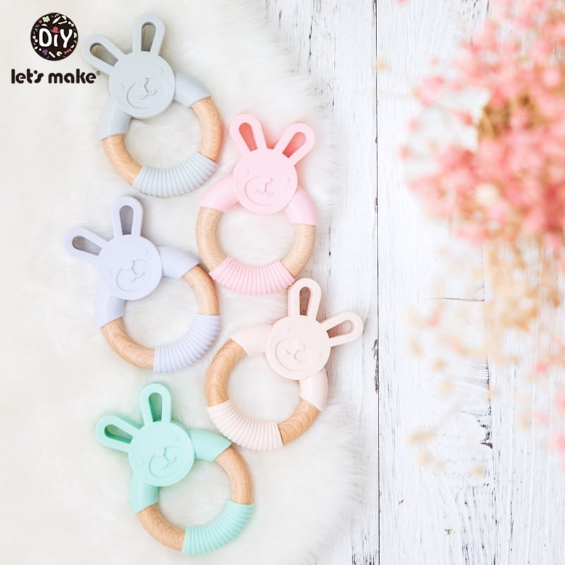 Let's Make 1pc Baby Silicone Teether Cartoon Elephant Teething Toy Beech Wood Ring Infant Comfort Toys Baby Teether