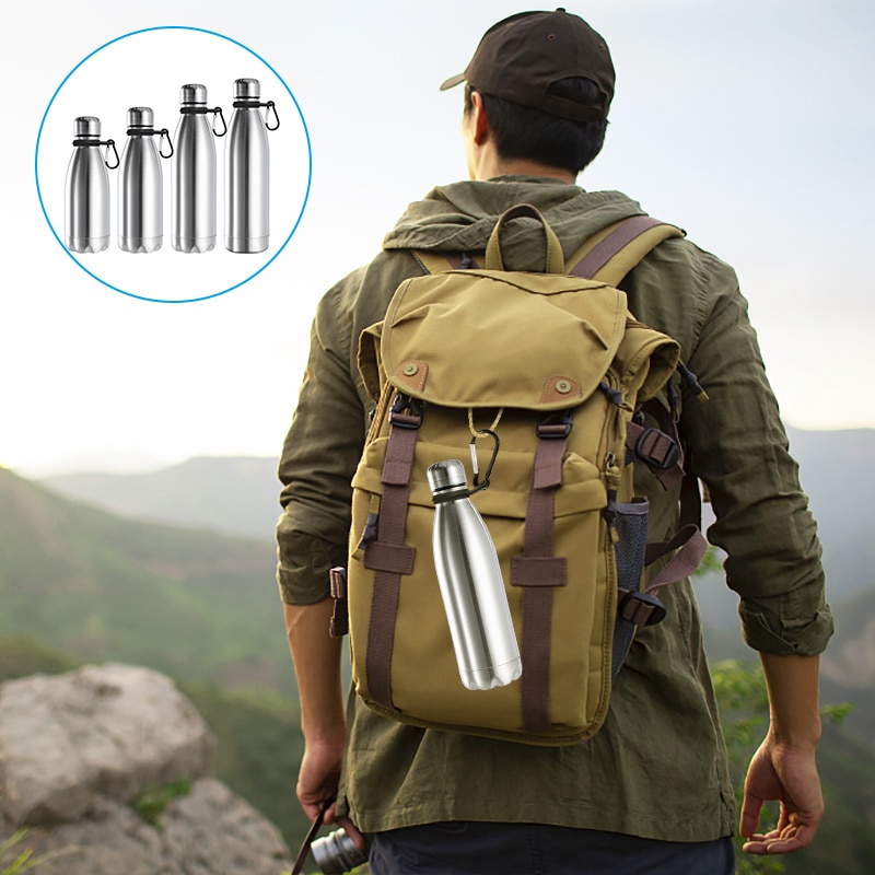 1000ml Sports Stainless Steel Water Bottle Cycling Hiking Bottles with Carabiner Ring Kids School Drinkware 350/500/750ml